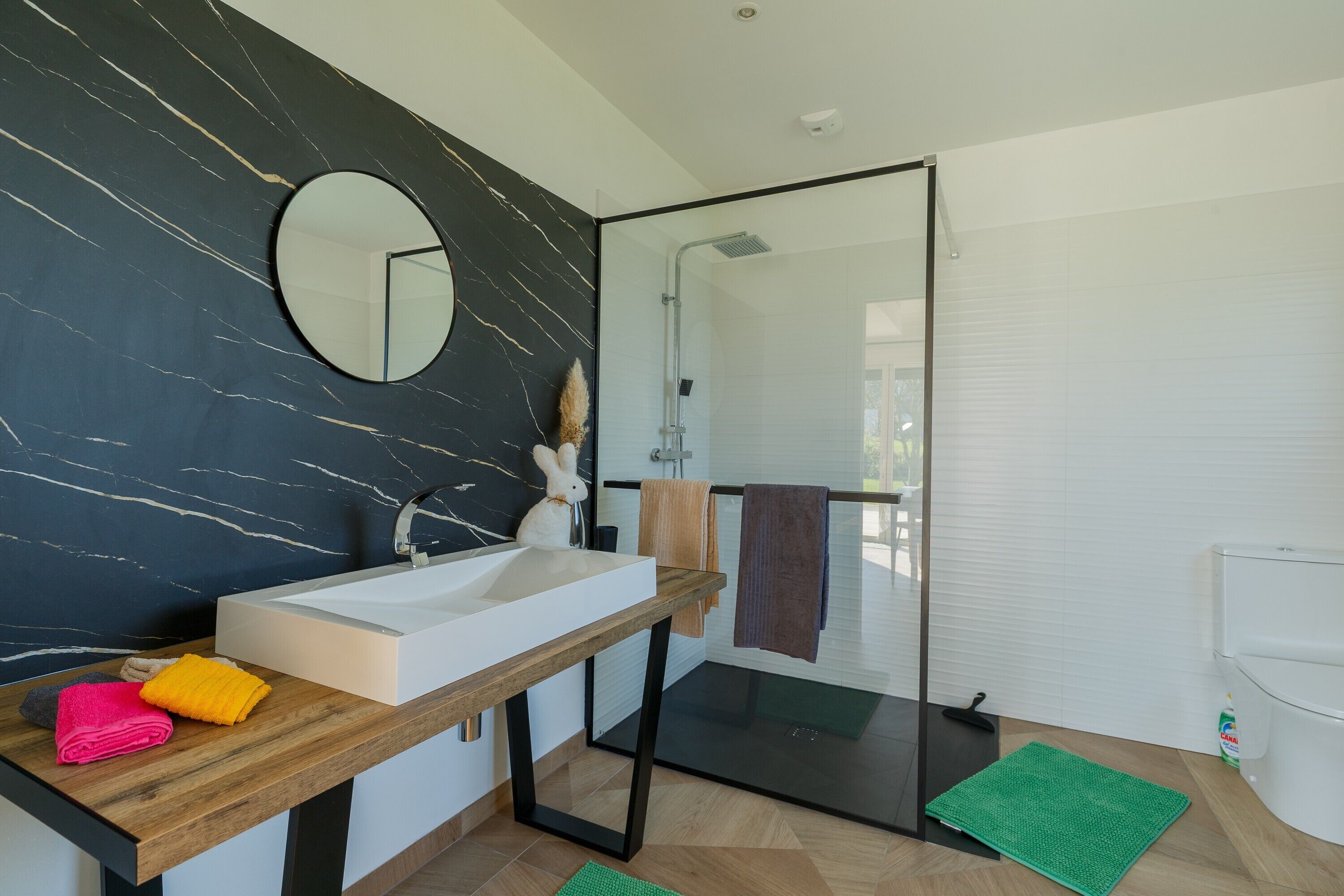 Shower, hair dryer, towels