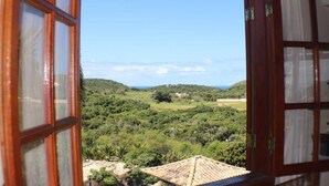 Vista a través de una ventana con marcos de madera, sobre un paisaje verde exuberante con colinas y cielo despejado.