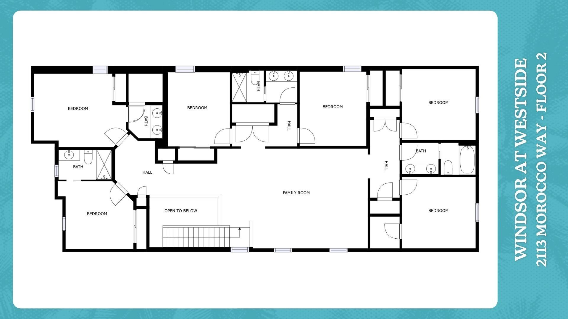 Un plan d’étage d’un hôtel comprenant plusieurs chambres, des salles de bain, une salle familiale et un hall.