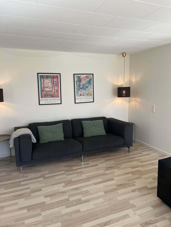A modern living room with a dark grey sofa, two green cushions, and two framed artworks by Henri Matisse on the wall.