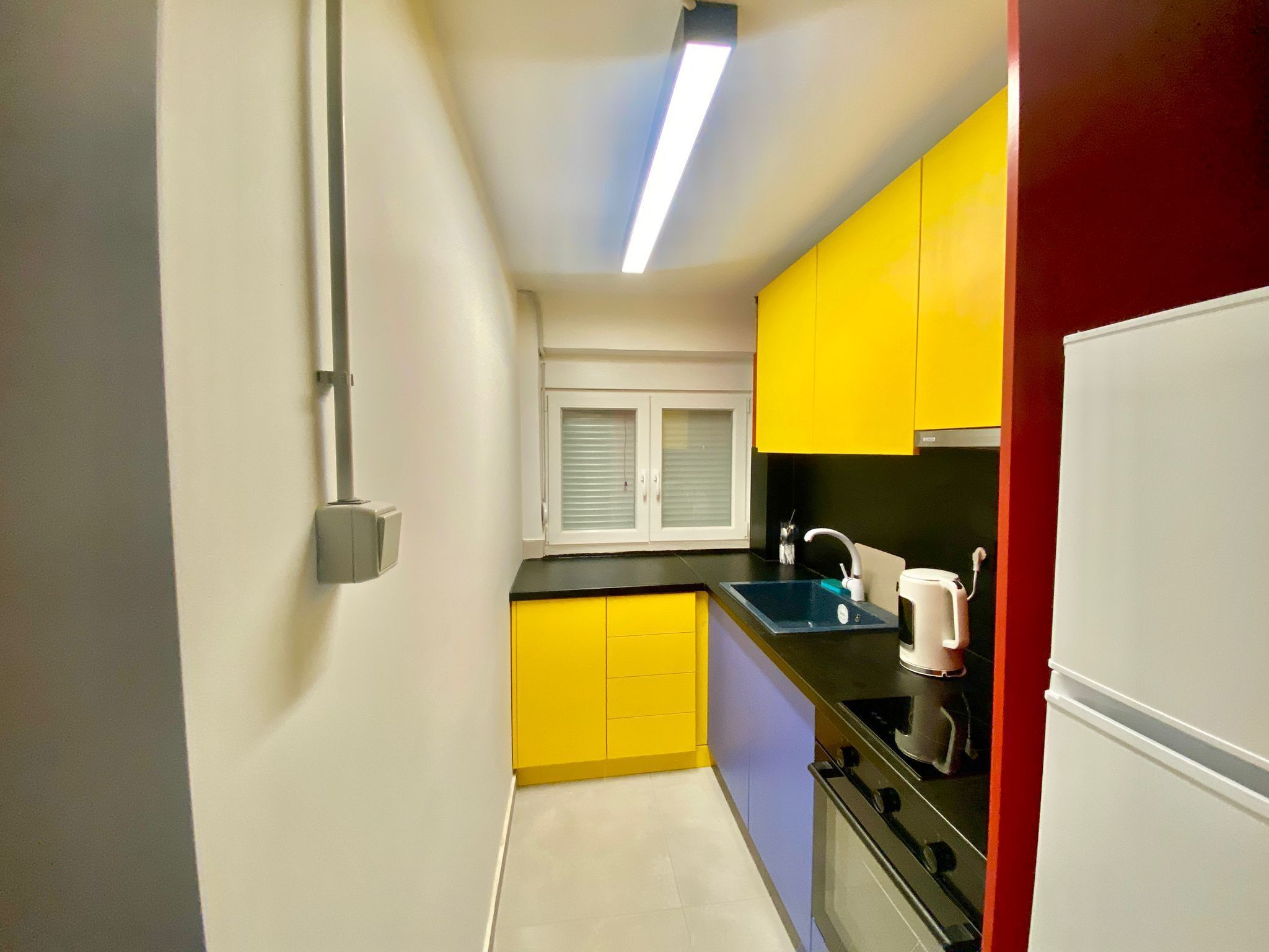 Fridge, oven, electric kettle, cookware/dishes/utensils