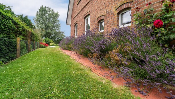 Ein Backsteinhaus mit einem Gartenweg, der zu einer Tür führt.