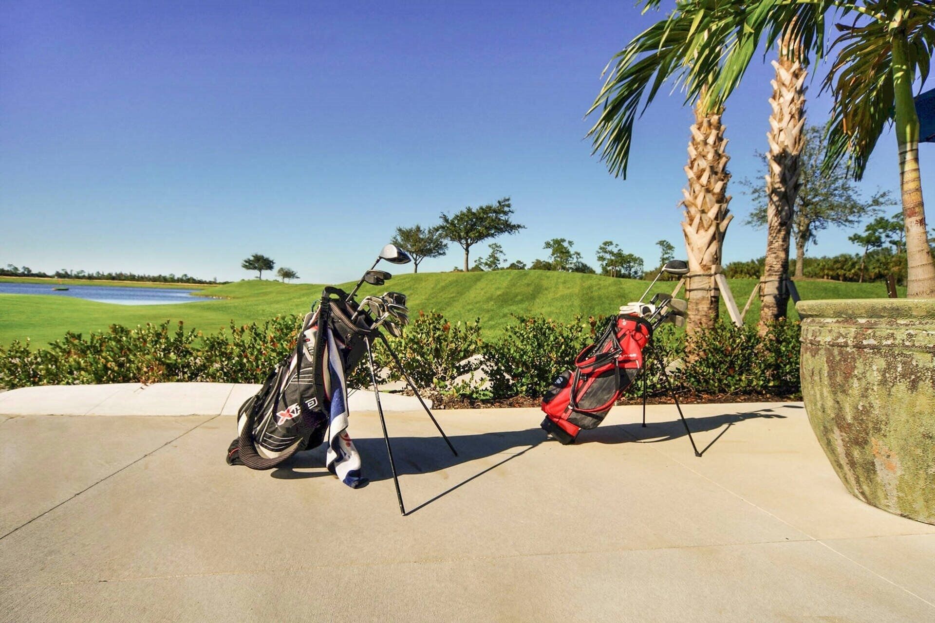 A golf bag and a golf bag on a concrete surface with a golf course and palm trees in the background.