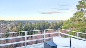 En træterrasse med en fletsofa og hvide puder, med udsigt over et skovlandskab under en klar himmel.
