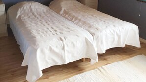 Une chambre avec deux lits simples, un plancher en bois, un plafond en pente et une petite table de chevet à côté de chaque lit.