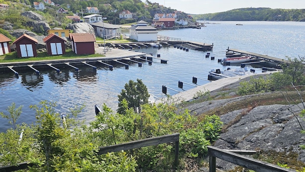 Un muelle a orillas del lago con botes, un embarcadero de madera y casas a lo largo de la costa.