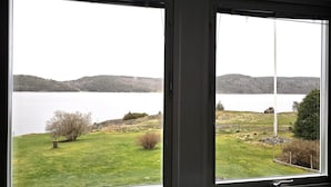 Vista desde una ventana sobre un lago, con un área de césped y árboles en primer plano.