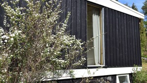 Un edificio in bianco e nero con una finestra e un cespuglio di fronte.