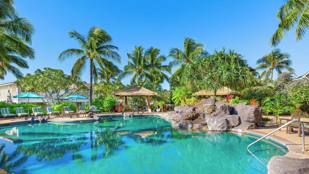 A clear pool with lounge chairs and umbrellas, surrounded by palm trees and rocks.