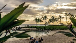 A beach with palm trees and a rocky shoreline.