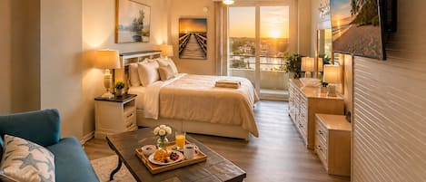 A hotel room with a bed, a sitting area with a coffee table, a TV, and a balcony with a view of the sunset.