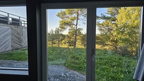 Une vue à travers une fenêtre ornée d’une rambarde en métal et d’un chemin de pierre menant à une zone herbeuse bordée d’arbres.