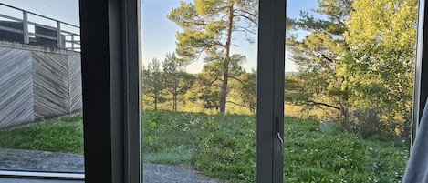 A view through a window with a metal railing and a stone pathway leading to a grassy area with trees.