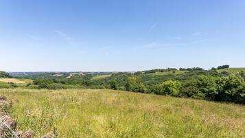 A rural landscape with rolling hills, dense greenery, and a clear blue sky.