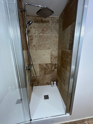 Shower, hair dryer, towels