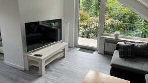 A modern living room with a flat-screen TV on a white stand, a grey sofa, and a wooden coffee table. - FeWo Wald Idyllika (Willingen)