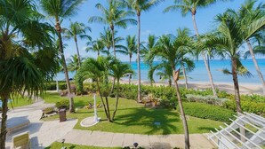 Ein tropischer Garten mit Palmen, einem Weg und Blick auf den Strand.