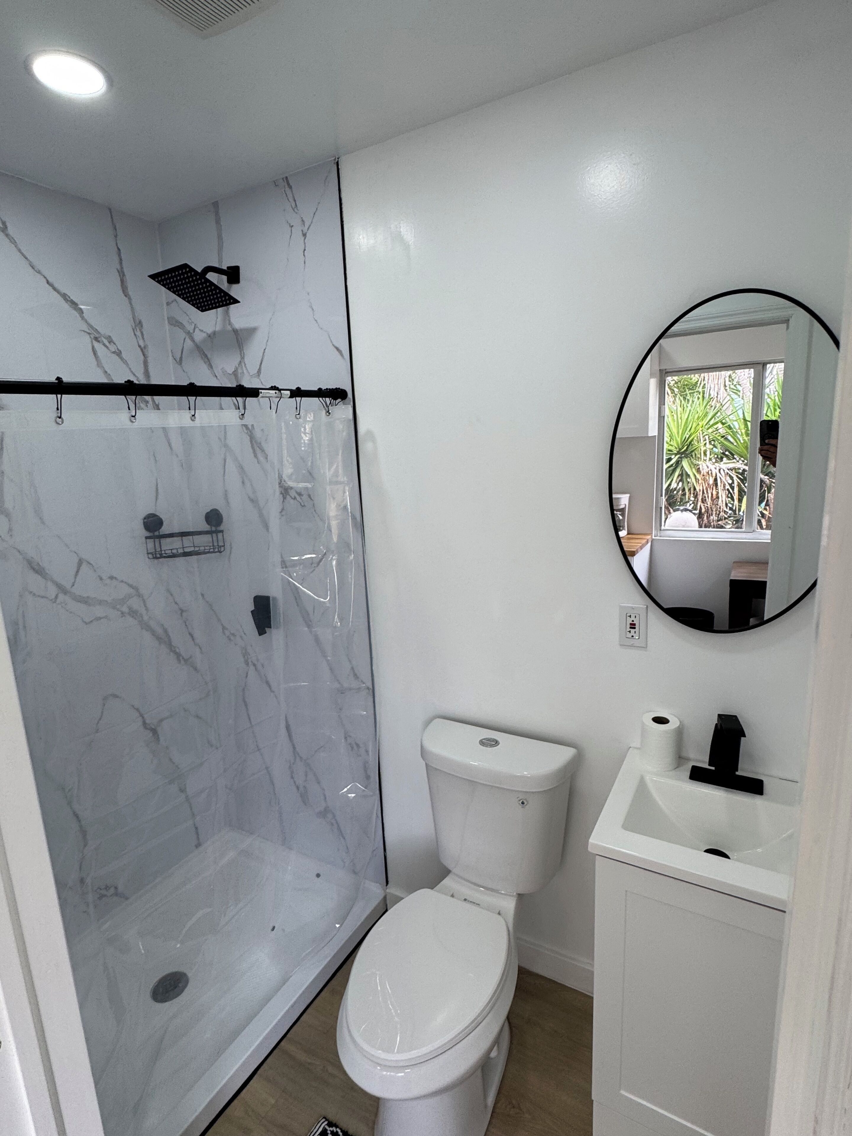 Hair dryer, towels, soap, toilet paper