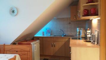 Fridge, oven, stovetop, coffee/tea maker