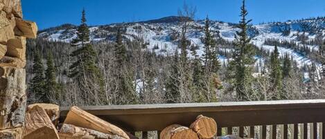 Une terrasse en bois, avec des bûches empilées, qui offre une vue sur un paysage montagneux enneigé et boisé.