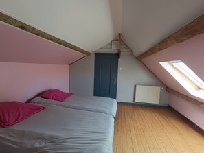 Une chambre avec un plafond en pente, une porte, un radiateur et un puits de lumière.