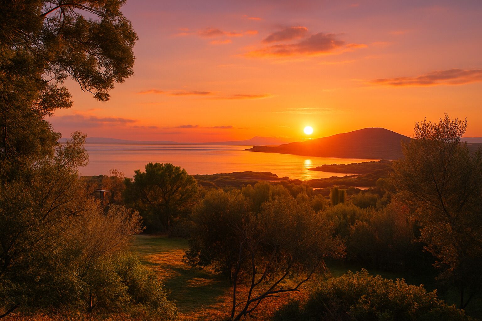 A sunset over a coastal landscape with trees and a body of water.