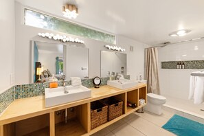 Chuveiro, secador de cabelo, toalhas de banho