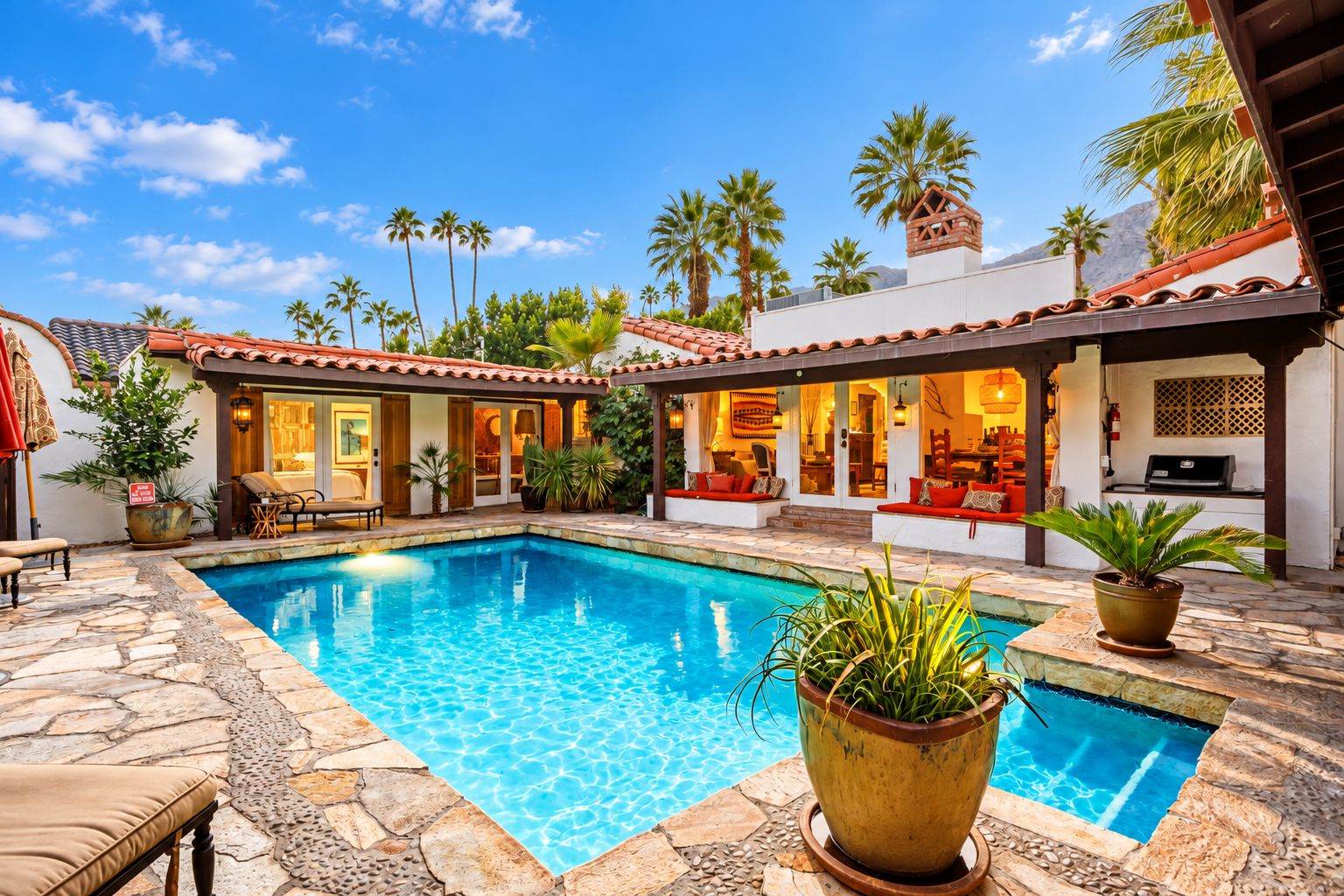 A pool area with a stone deck, lounge chairs, and a covered seating area with red cushions.