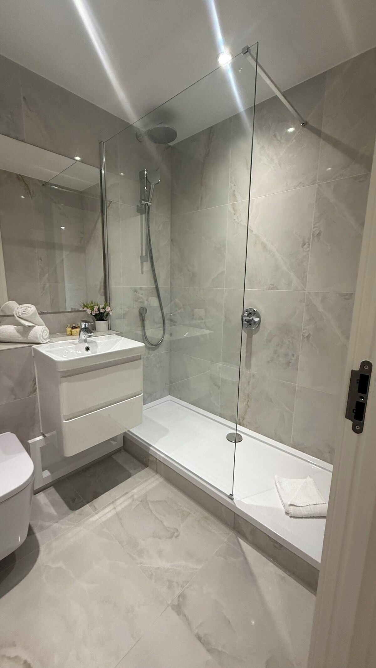 A modern bathroom with a glass-enclosed shower, a white sink, and a toilet.