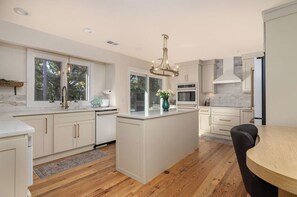 Fridge, dishwasher, coffee/tea maker, cookware/dishes/utensils
