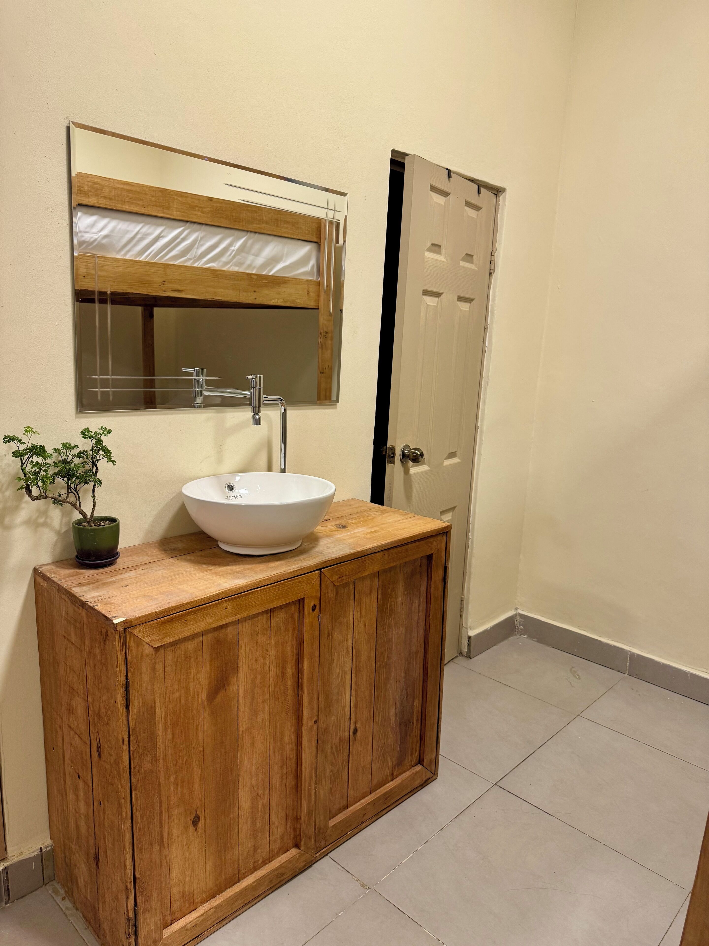 A wooden vanity with a white sink and mirror, a small potted plant, and a door with a black frame.