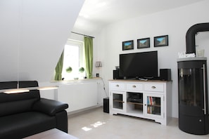 Ein modernes Wohnzimmer mit einer schwarzen Couch, einem Fernseher auf einem Holzschrank, einem Kamin und einem Fenster mit grünen Vorhängen.