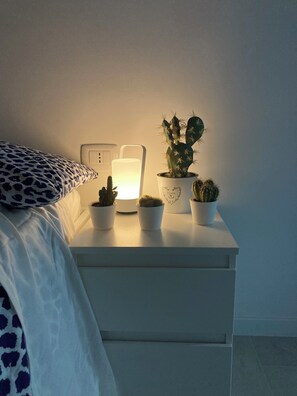 A bedside table with a lamp, a cactus, and a pillow. - MARADONA HOUSE IN THE SPANISH QUARTERS (Napoli)
