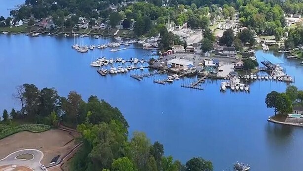An aerial view of a marina with boats docked, surrounded by greenery and a clear sky. - The Tolhouse Short or Long-Term (Essex)