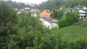 Eine Wohngegend an einem Hügel mit Häusern, einige davon mit Solaranlagen, umgeben von dichtem Grün.