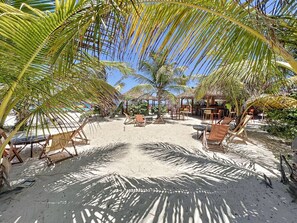 A beachside area with wooden chairs and tables under palm trees, a sandy ground, and a clear blue sky.