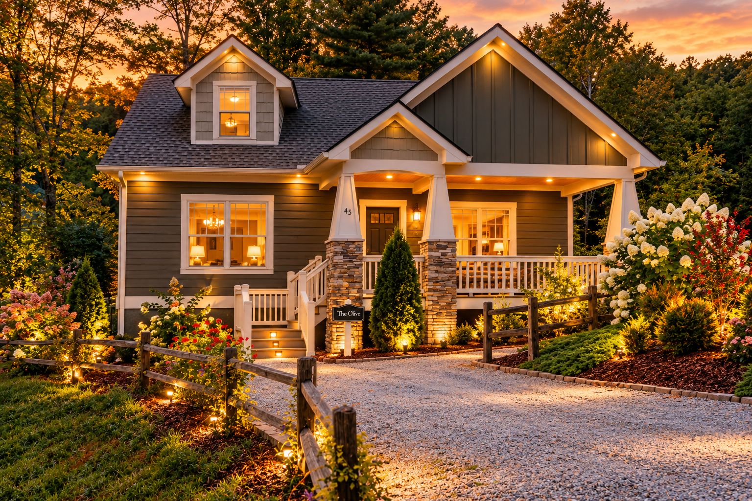 A two-story house with a stone pillar, a front porch, and a driveway.