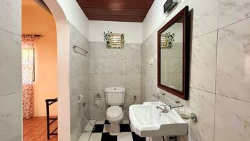 Douche, serviettes fournies, savon, shampoing