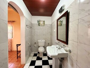 Habitación doble Deluxe, vista al patio | Baño | Regadera, toallas, jabón, shampoo 