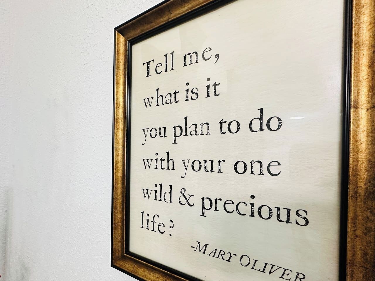 A framed quote by Mary Oliver on a wall.