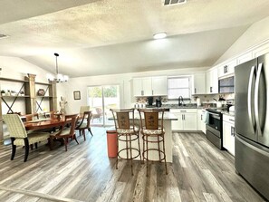 Fridge, microwave, dishwasher, coffee/tea maker