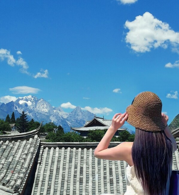 A traditional building with a tiled roof and a mountainous backdrop.
