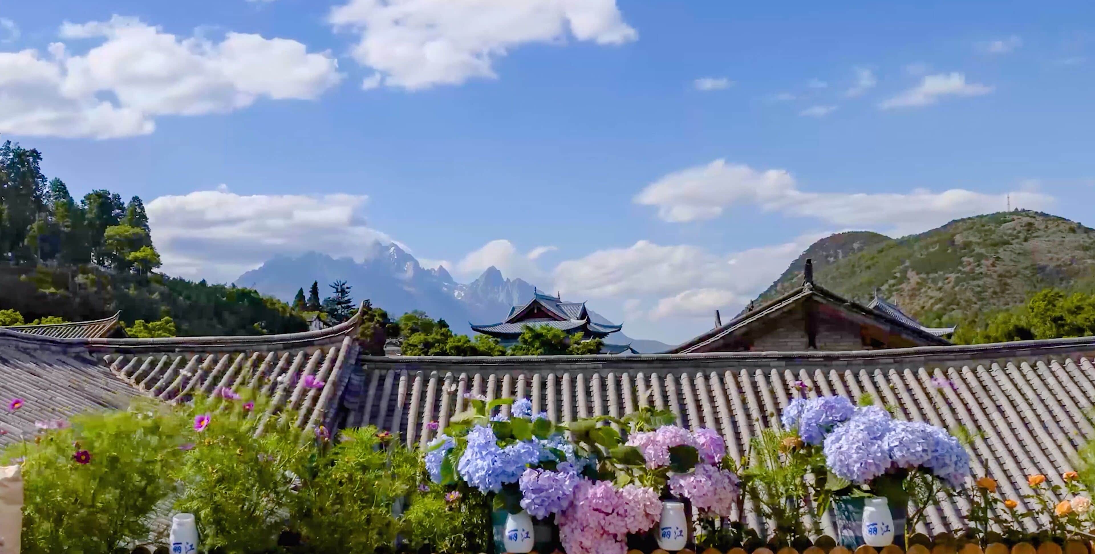 A traditional building with a tiled roof and a mountain backdrop.