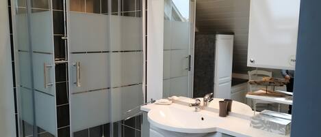 Shower, hair dryer, towels