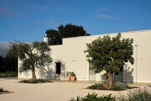 Un edificio moderno con facciata piatta, un camino e una porta con una piccola finestra.