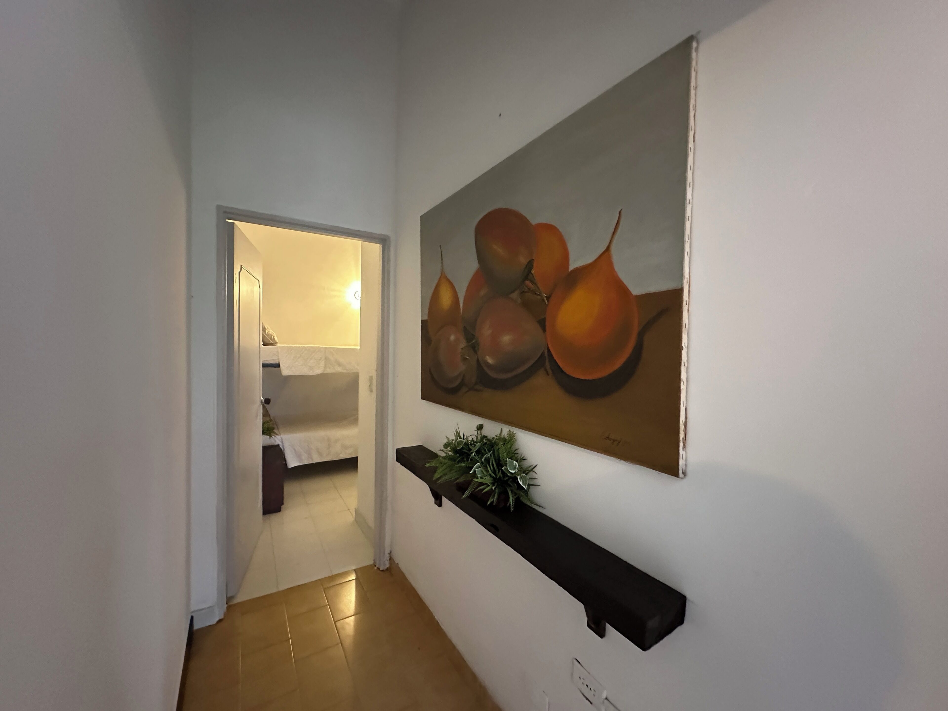A hallway with a bunk bed in the background, a painting of pears on the wall, and a small plant on a shelf.