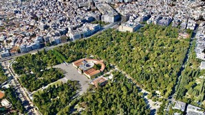 Eine Vogelperspektive zeigt einen großen Park mit einem zentralen Gebäude, umgeben von üppiger Vegetation und Stadtgebäuden.