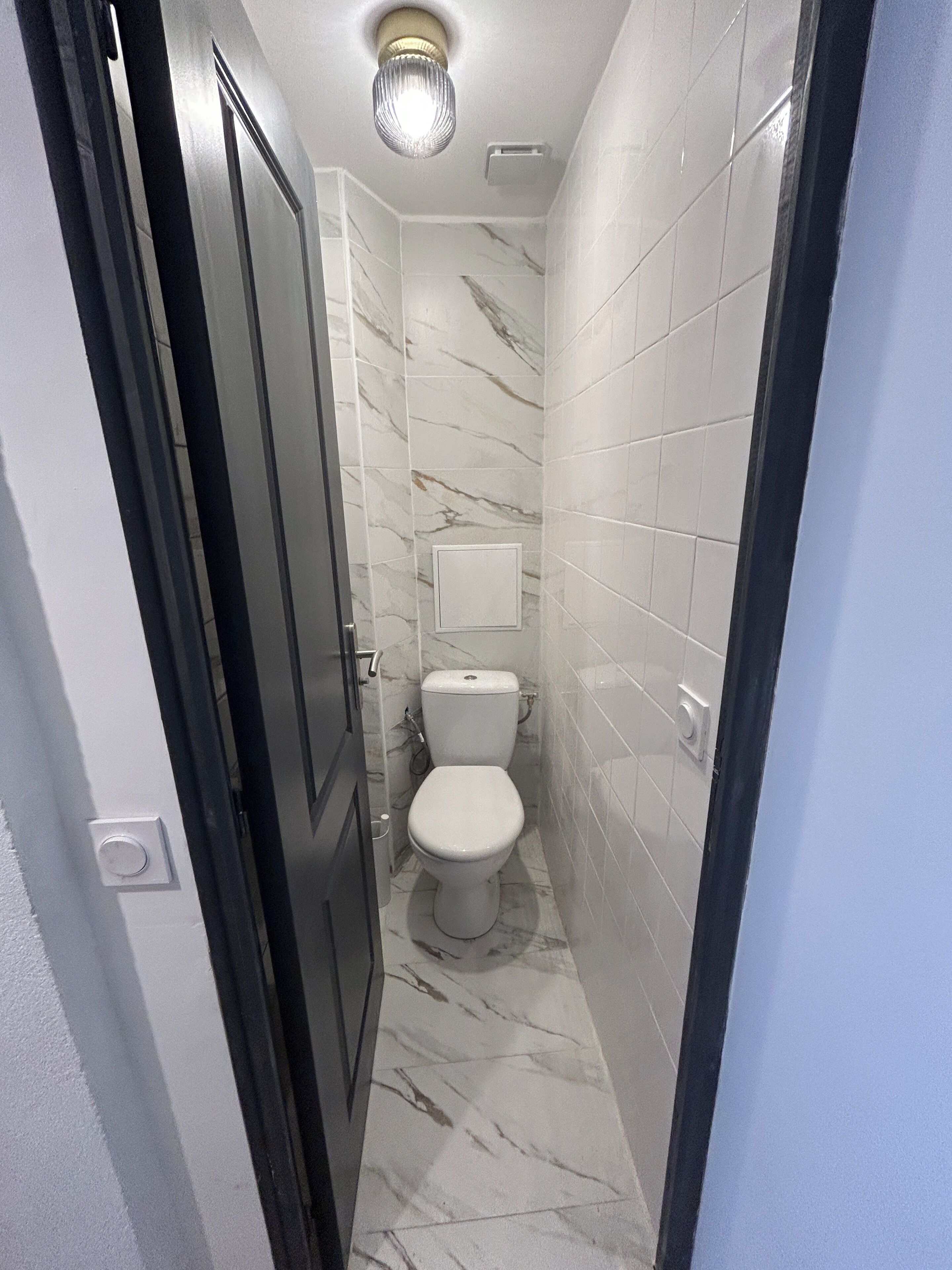 A narrow bathroom with white marble tiles, a white toilet, and a door with a black frame.