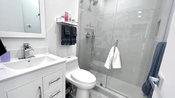 Shower, free toiletries, hair dryer, towels