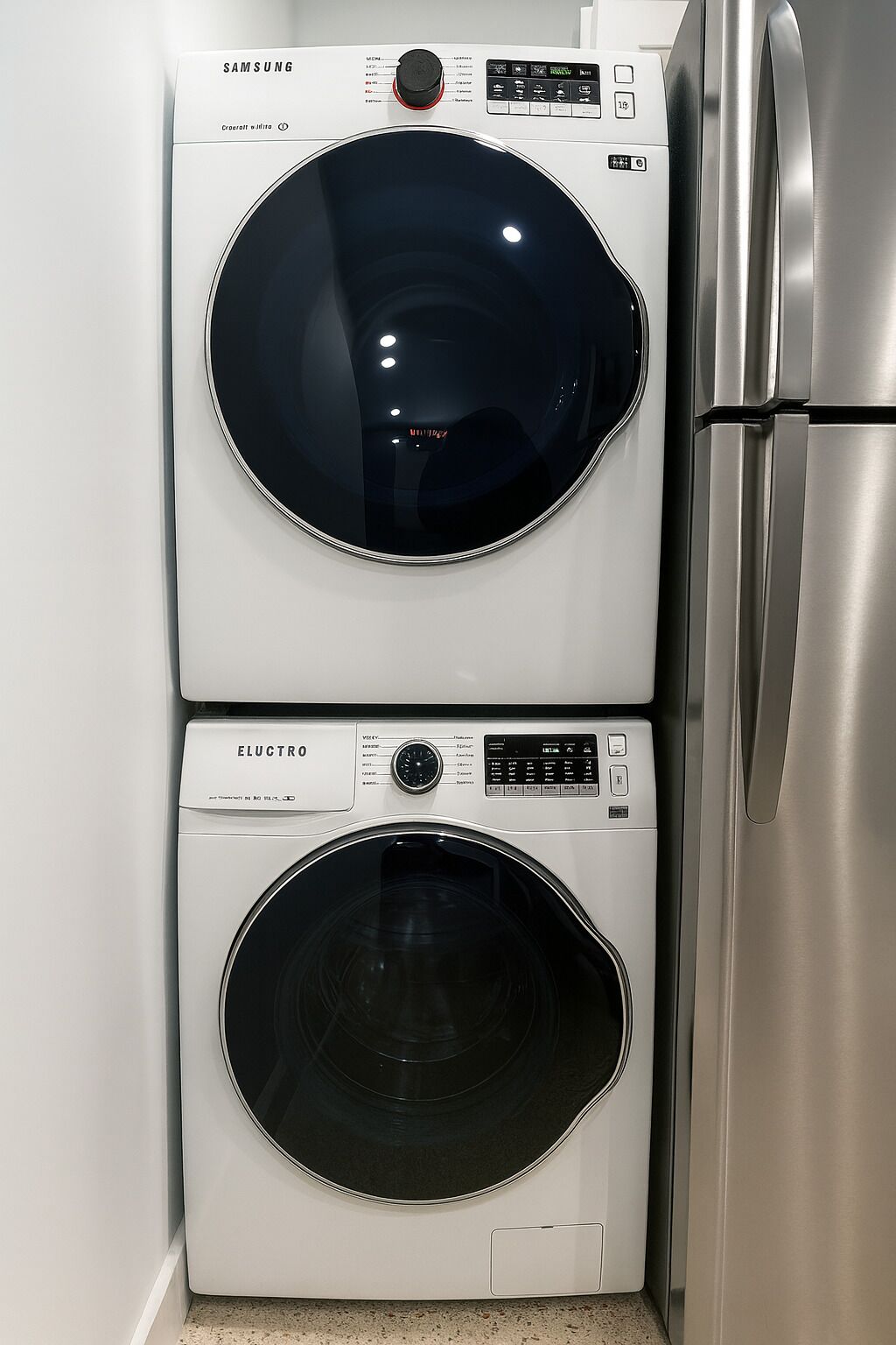Two stacked washing machines, one above the other, with a stainless steel refrigerator to the right.